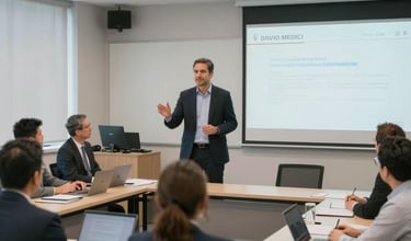Professional business instructor teaching a corporate training seminar in a modern classroom setting.
