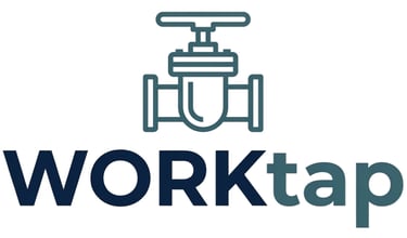 WorkTap logo featuring a teal valve icon above dark blue and teal text on a white background.