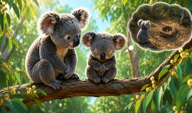 Two cute cartoon koalas sitting on a eucalyptus tree branch with a thought bubble of a nest.