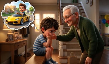 A grandfather comforting a sad boy dreaming of driving a yellow sports car.
