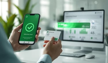 User confirming Safemoney.cloud payment on smartphone while holding white card, green approval check