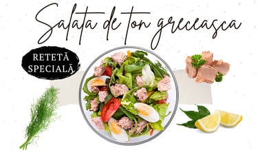 Rețetă specială de salată grecească cu ton, ouă, legume proaspete și dressing cu ulei de măsline și lămâie