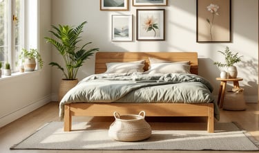 camera da letto in puro stile biofilico con letto in legno, piante ornamentali e colori che richiamano la natura