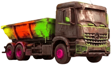 Camion Bordeaux Benne avec petite benne de 8m3 peinte en graffiti fluo pour gravats.