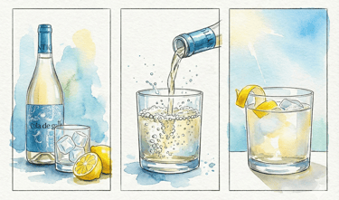 Boceto tutorial para servir vino blanco Cola de Gallo con hielo y rodaja de limón