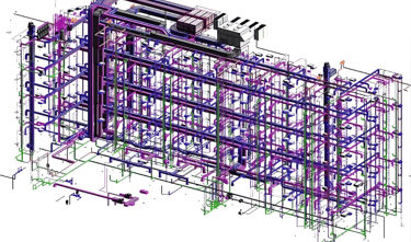Complex 3D BIM model showing color-coded MEP systems and piping for building design coordination.