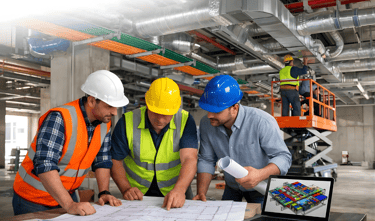 Construction engineers in hard hats reviewing architectural blueprints and BIM software on a laptop at a job site.