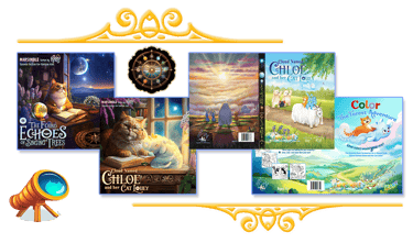 Children’s book covers from Marsimble series featuring Louey the cat, Chloe, and colorful scenes.