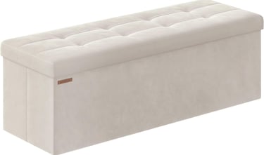 Beige tufted velvet storage ottoman bench with a foldable design for bedroom or living room organization.