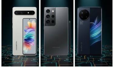 um grupo de três telefones iguais, de cores e tamanhos diferentes