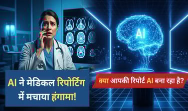 एक डॉक्टर MRI/CT स्कैन देखते हुए दिख रहा है और दूसरी ओर नीली रोशनी में AI सिस्टम का ग्राफ़िक
