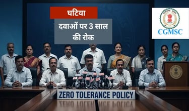 CGMSC अधिकारी प्रेस कॉन्फ्रेंस में ‘Zero Tolerance Policy बोर्ड के सामने तीन दवाओं पर तीन साल की रोक