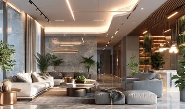 Eco-friendly living room with natural wood, smart lighting, neutral tones, and indoor greenery.