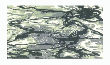 Linogravure en couleur représentant des ondulations aquatiques.