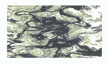  Linogravure en couleur représentant des ondulations aquatiques.