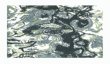  Linogravure en couleur représentant des ondulations aquatiques.