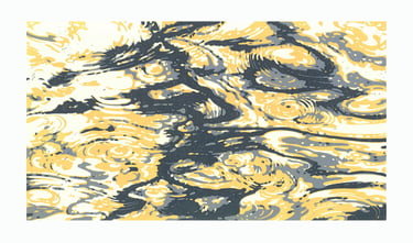  Linogravure en couleur représentant des ondulations aquatiques.