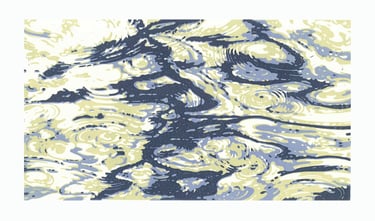  Linogravure en couleur représentant des ondulations aquatiques.