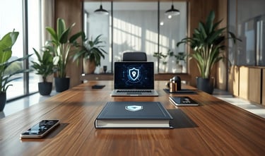 Modern luxury office desk with laptop displaying security shield, book, phone and tablet, cybersecurity theme.
