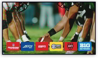 Football players at the line of scrimmage with logos for NFL RedZone, ESPN, and Big Ten Network.