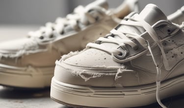 Distressed cream-colored canvas sneakers with frayed edges and thick soles on a concrete surface.