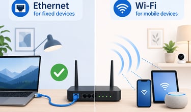 Ethernet cable connected to a router beside Wi-Fi devices using wireless signal at home.