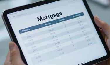 A high-quality close-up of a digital tablet screen displaying clean financial mortgage data, held by professional hands in a North American corporate environment. Muted blue and soft blue lighting.
