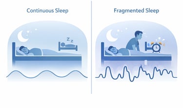 Diagram comparing continuous sleep cycles with stable waves versus fragmented sleep patterns interrupted by an alarm.