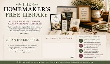 A collection of homemaking printables, recipe books, and digital planners for a cozy home library.