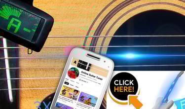 Digital clip-on guitar tuner and mobile app showing how to tune acoustic guitar strings.