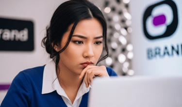 A focused woman in purple and white looking thoughtfully at a laptop screen.
