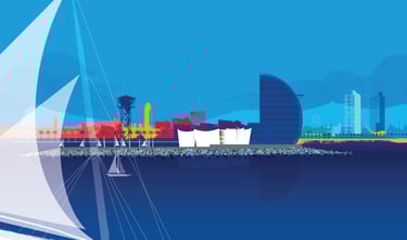 Illustration of skyline of Barcelona from the sea by Tomo Iida