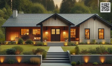 modern farmhouse, board and batten, black trim, black windows, gray roof, wood accents