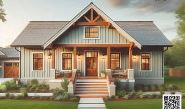 modern farmhouse, green vertical siding, wood door, black windows, garage, gray, stone, brick