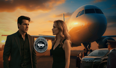 Hollywood-style couple at Bangkok airport with private chauffeur car and jet at sunset