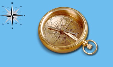 Compass and wind rose in the upper left corner.