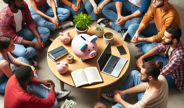 imagem mostra um grupo de jovens reunidos em volta de uma mesa, sentados no chão.