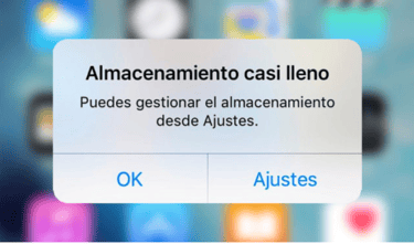 screenshot de mensaje de almacenamiento lleno de un iPhone