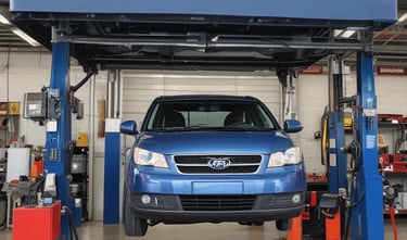 A small automotive repair shop with a distinctive red and white facade, located on a quiet street. The building is one story with large glass windows and a sign displaying the name of the business. A black car is parked in front of one of the garage doors. Tree-lined streets with houses are visible in the background, bathed in the soft light of late afternoon.