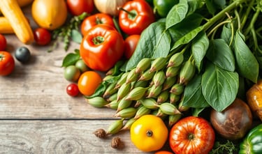 fresh moringa leaves and pods with colorful fruits and vegetables