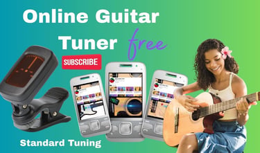A girl playing acoustic guitar next to mobile phones displaying a free online guitar tuner app.