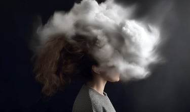 Eine Frau von der Seite um ihren Kopf ist eine dichte dunkle Wolke
