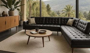 Black Mid-Century sectional in a sunlit room with wood ceilings and neutral decor