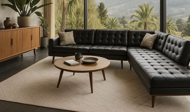 Black Mid-Century sectional in a sunlit room with wood ceilings and neutral decor
