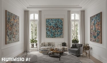 Minimalist living room with multiple art pieces and clean lines.