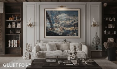 Living area with dark wood accents and a lit-up art piece.