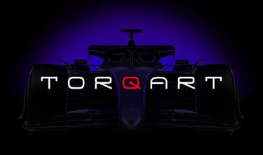 TORQART logo overlay on a dark Formula 1 racing car silhouette with purple backlight.