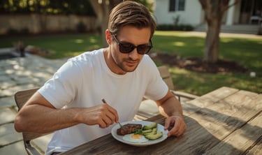 a man eating steak and eggs for high-protein breakfast