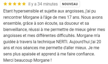 Five-star French customer review for Morgane's NERTI therapy sessions for anxiety and hypersensitivity.
