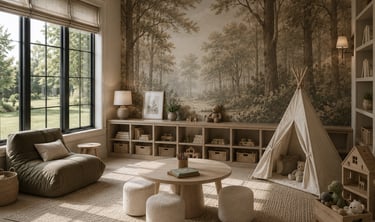 Elegant neutral nursery featuring a forest wall mural, canvas teepee, and natural wood toy storage.